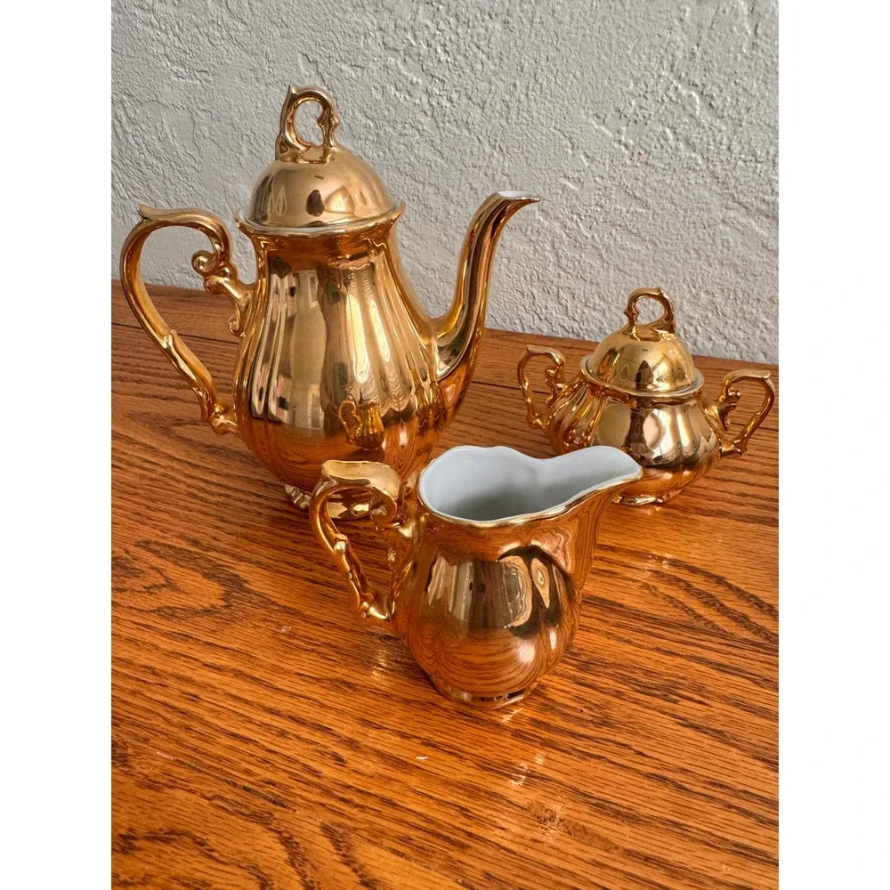 Bavaria Schlottenhof Coffee Tea Pot Creamer Sugar Set Gold Gilt Porcelain